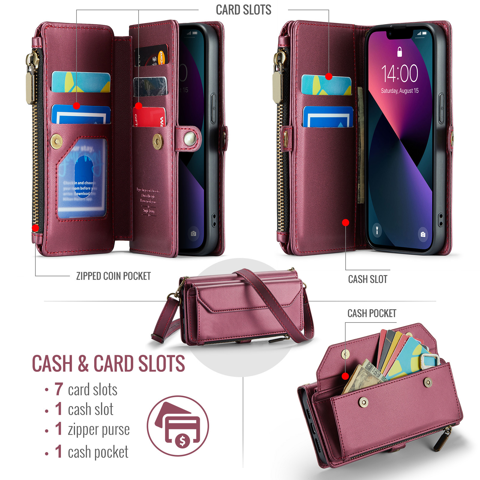 Compatible with iPhone 15 Plus 6.7 inch Zipper Wallet Phone Case Tempered Glass Screen Protector Crossbody Lanyard Strap Flip Card Holder Slot Cell Cover for i Phone15 15+ i15 + 15Plus Women Wine Red