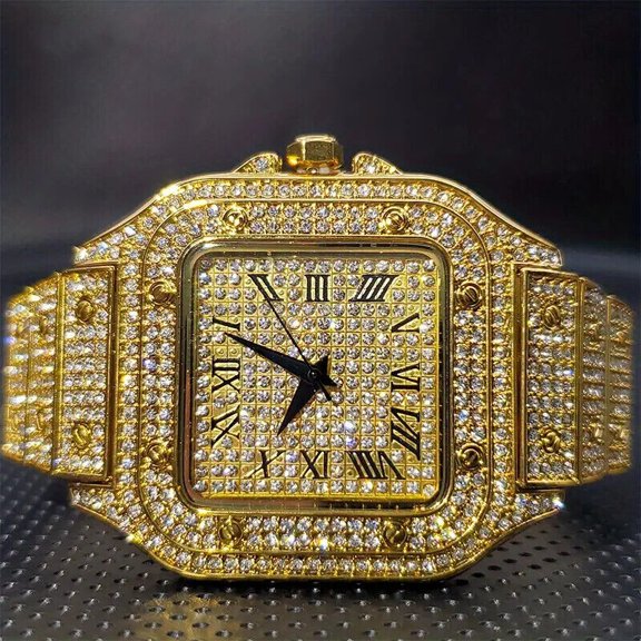 Men's Luxury Gold Plated Hip Hop Iced Square Watch Bling Quartz Watches Fashion Classic