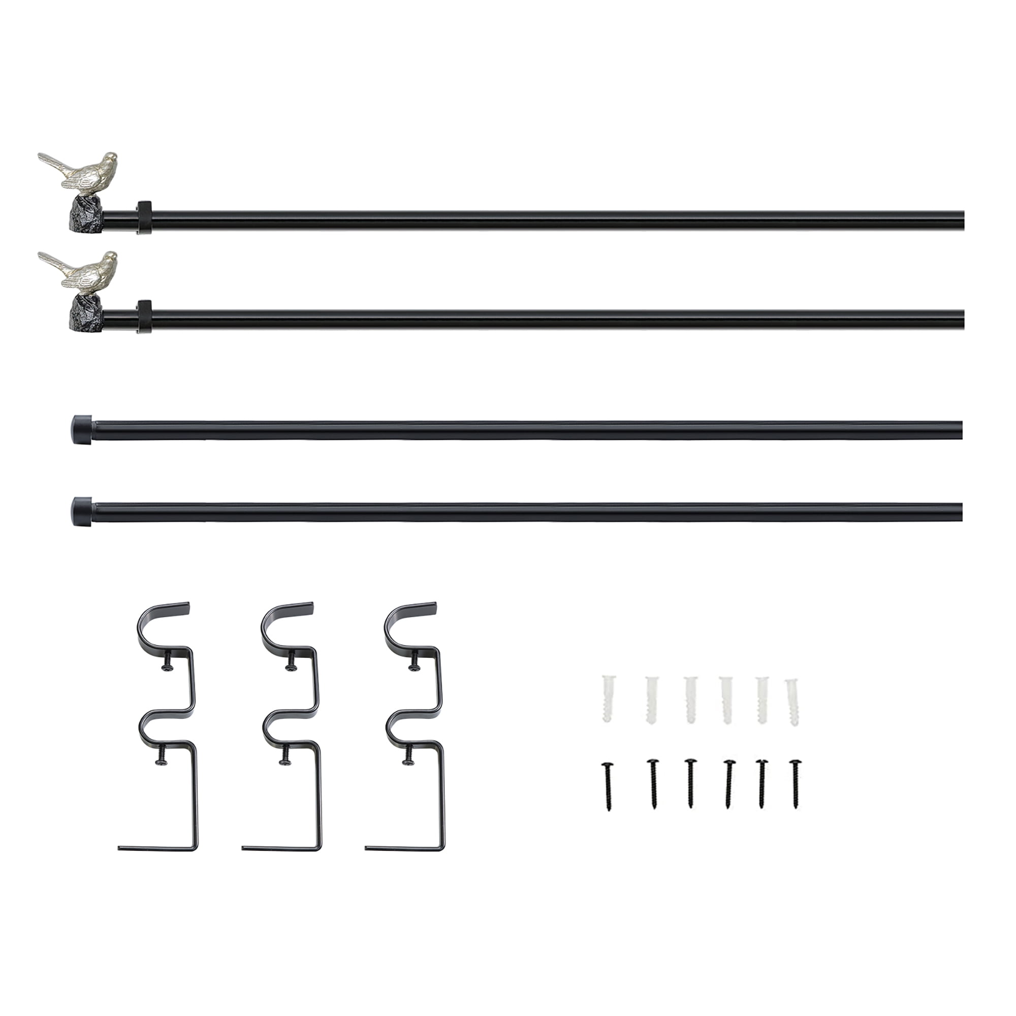 MERIVILLE 1-Inch Diameter Telescoping Double Window Curtain Rod, Pewter Bird Finials, 48"-84", Black Rod