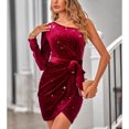 thumbnail image 3 of Vestido de manga larga con un hombro para mujer, vestido de fiesta ajustado con cinturón y dobladillo envolvente de Color puro elegante a la moda, rojo azufaifo L, 3 of 7
