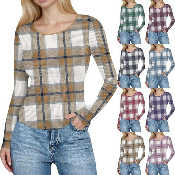 RKSTN Crewneck Shirts for Women Oversized Plaid Print Slim Ribbed Knitted Long Sleeve T Shirts Top Womens Casual Plus Size Round Neck Checkered Printed Stretch Loose Comfy Tee Fall Spring Clothes