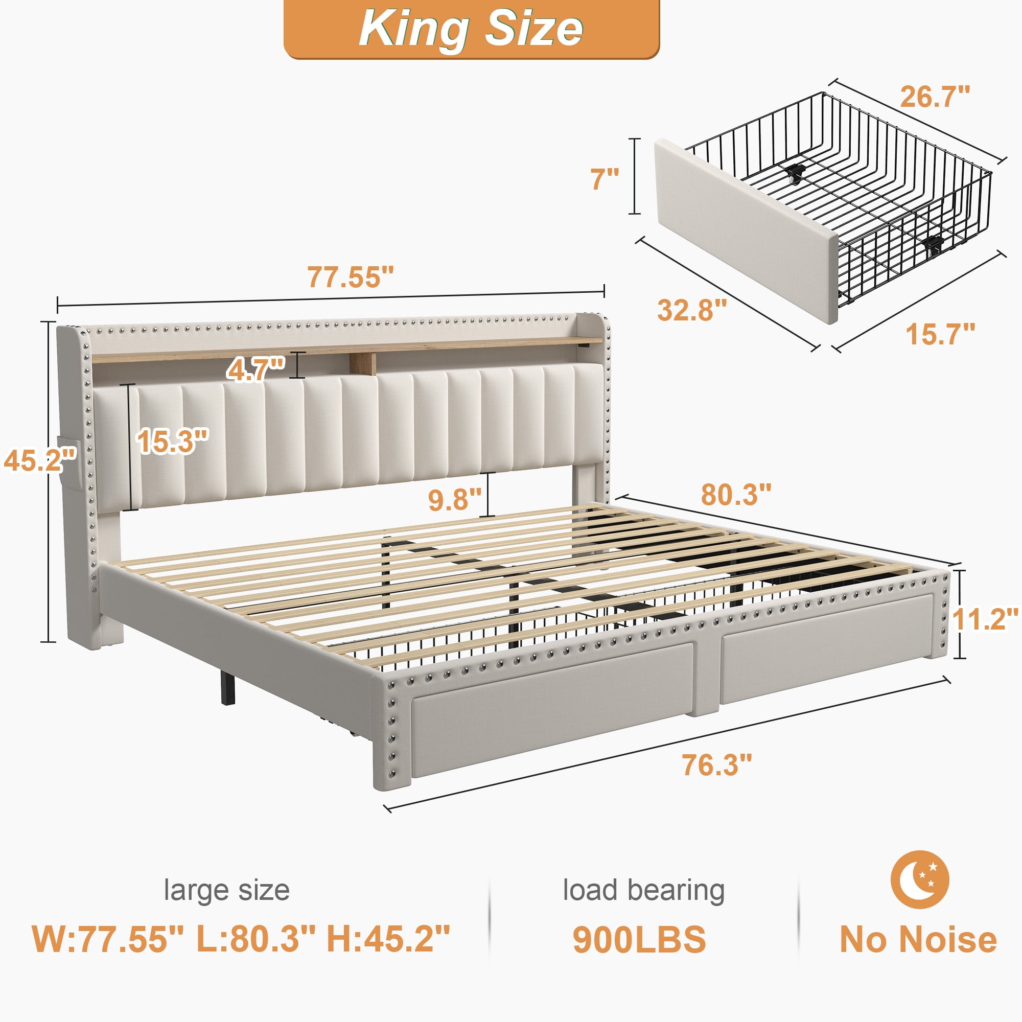 EnHomee King Size Modern Metal and Wood Standard Bed with Storage, Beige