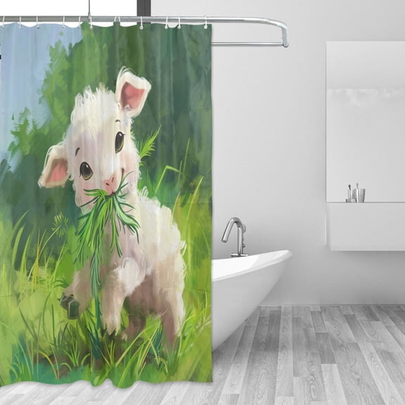 Cute Cartoon Lamb Eating Grass Shower Curtains with 12 Hooks Waterproof Bathroom Decor 66" x 72"