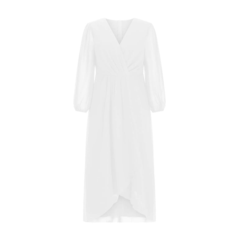 Homenesgenics Maxi Dresses for Women Plus Size Clearance Women's Chiffon Zipper Pleated A-Line Mid Length Wedding with Long Sleeve and V-Neck Dress White XXL