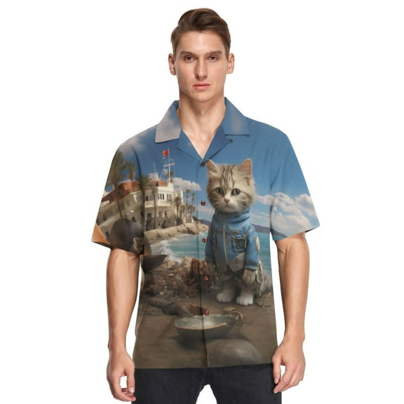Cat Boat Sea Men's Hawaiian Wrinkle Free Button Down Short Sleeve Shirt Casual Shirts Beach Shirts