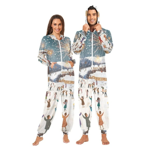 Fireworks Light Snow Adult Onesie Pajamas Slim Fit Christmas One Piece Suit Pjs for Women and Men Hooded Zipper
