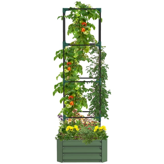 Galvanized Raised Planter Box, 24×24 Inch Outdoor Garden Bed with Trellis Cage. Open bottom for climbing plants, vegetables and flowers. Durable green planting solution for patio, backyard and outdoo