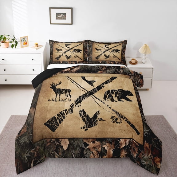 Hunting And Fishing Comforter Set Queen Tree Branch Camo Bedding Set Teen Men,Woodland Wildlife Bass Fish Duck Bear Deer Bed Comforter Set Rustic Farmhouse Cabin Quilt Set