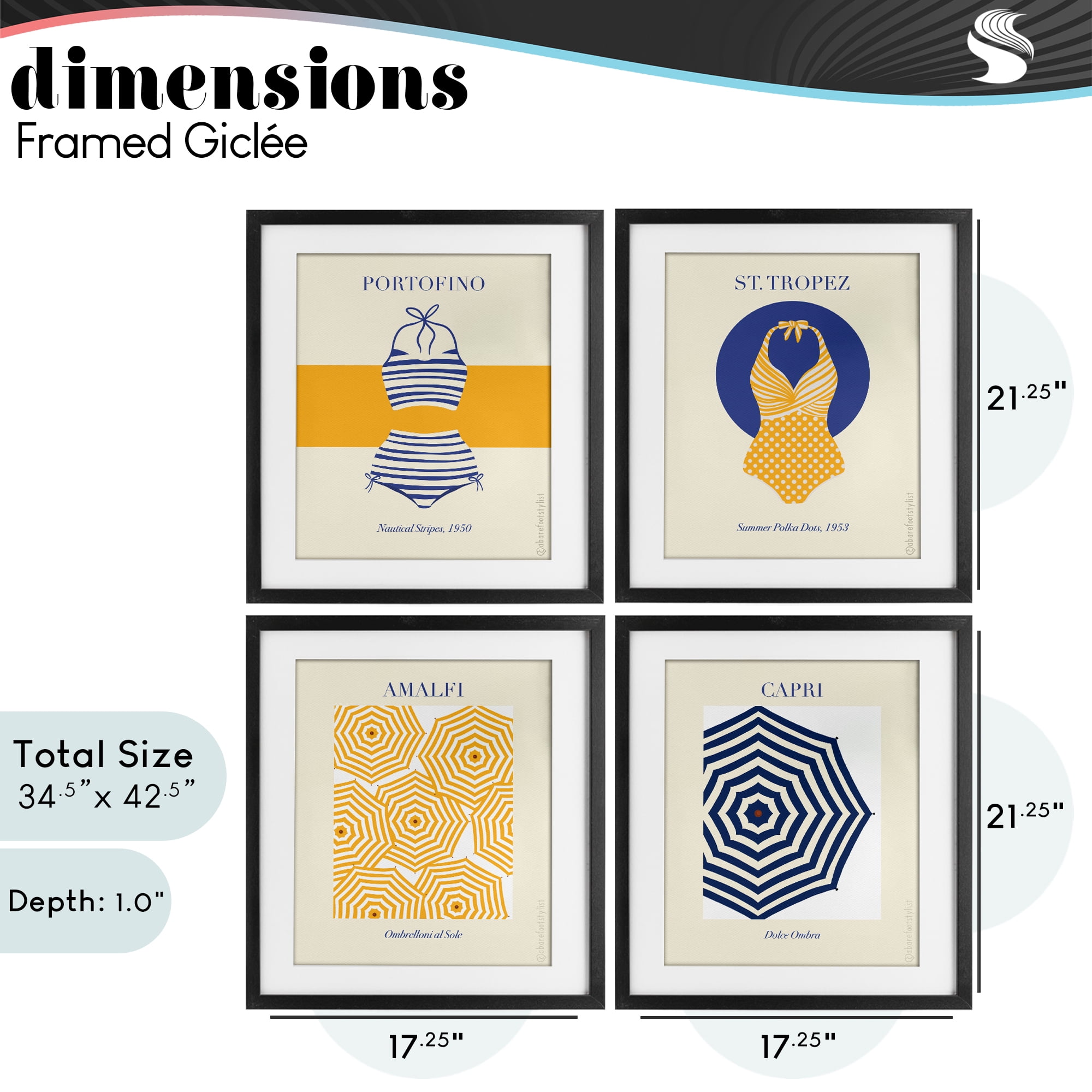 Stupell Industries Retro Beach Vacation Elements 4 Piece Black Framed Print Under Glass Set, design by A Barefoot Stylist