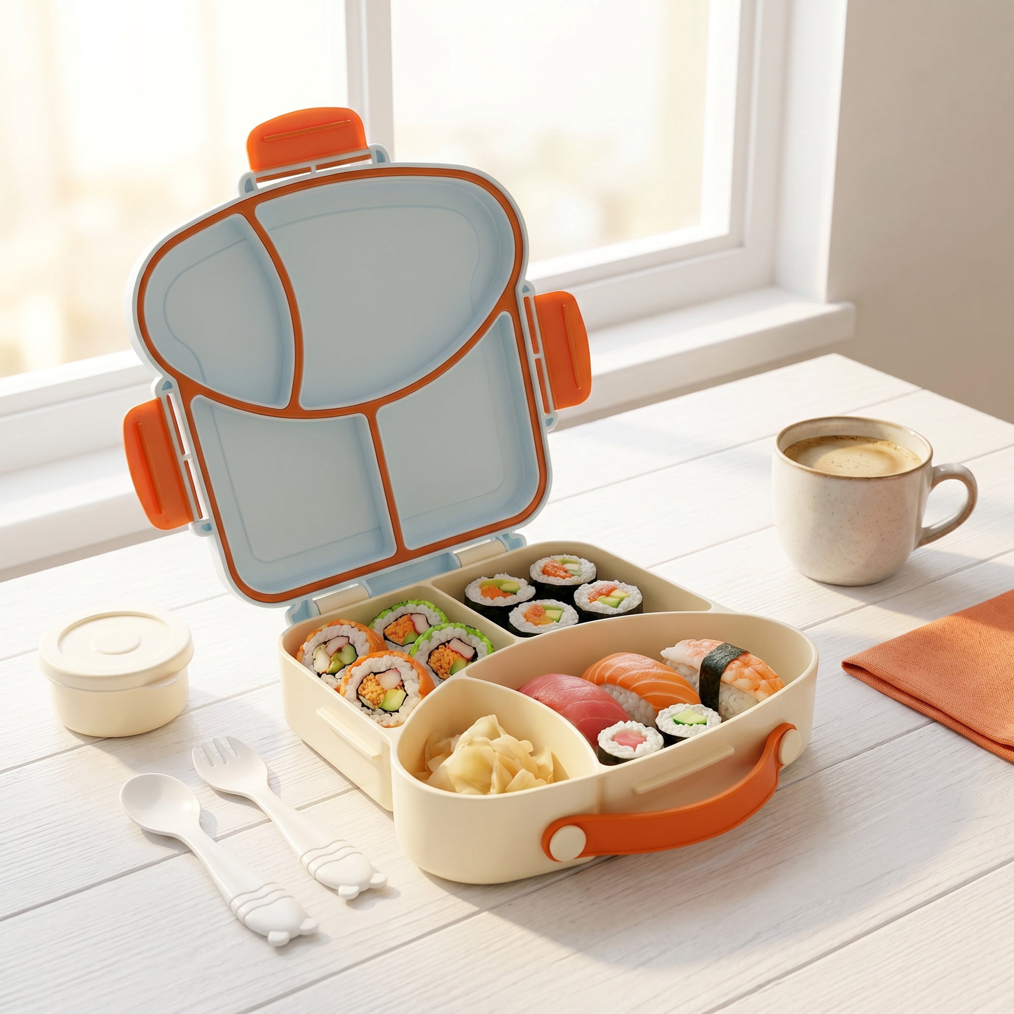 Unique Bargains 4-Compartment Meal Lunch Bento Box with Matching Cutlery Blue Yellow