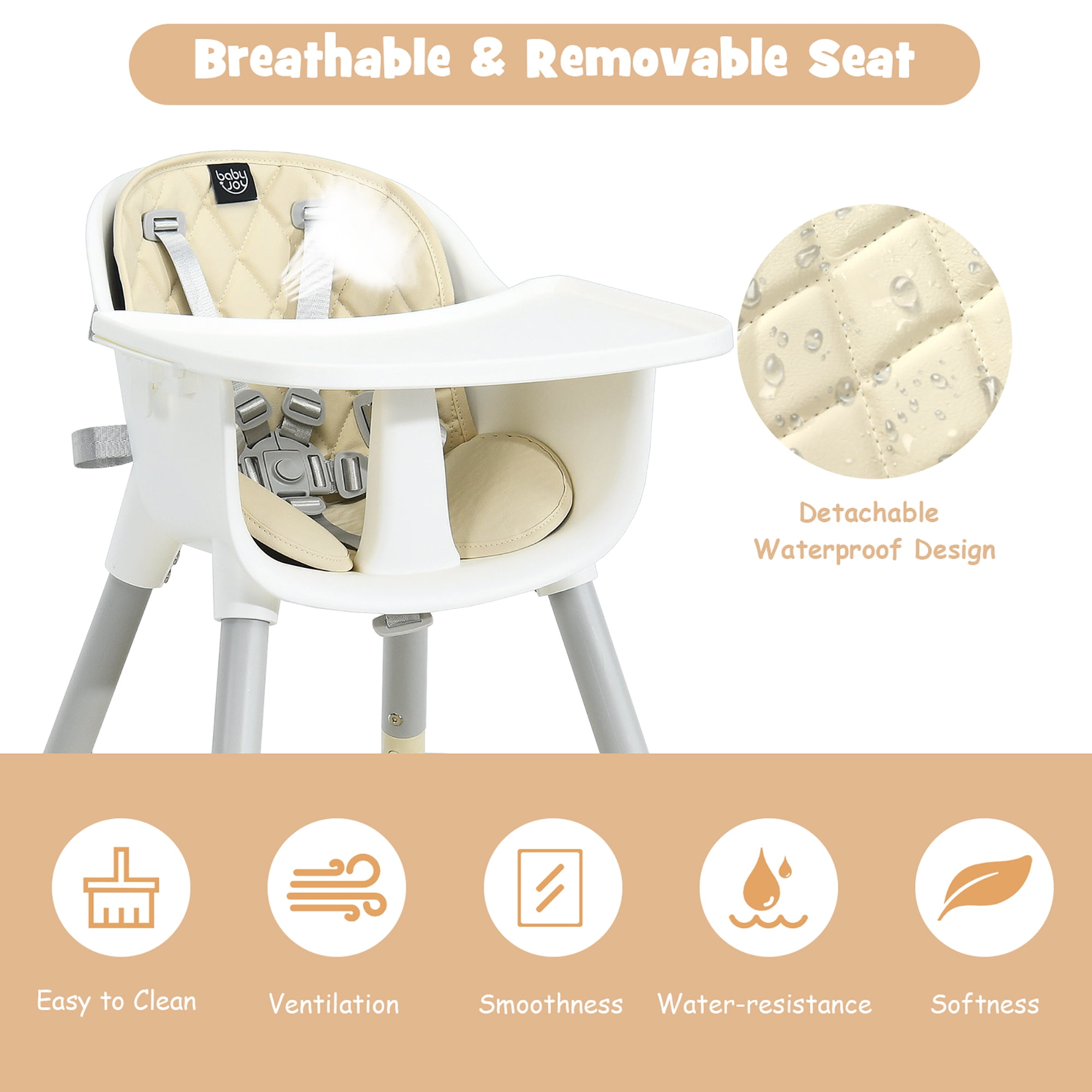 Babyjoy 4 in 1 Baby High Chair Convertible Toddler Table Chair Set with PU Cushion Beige