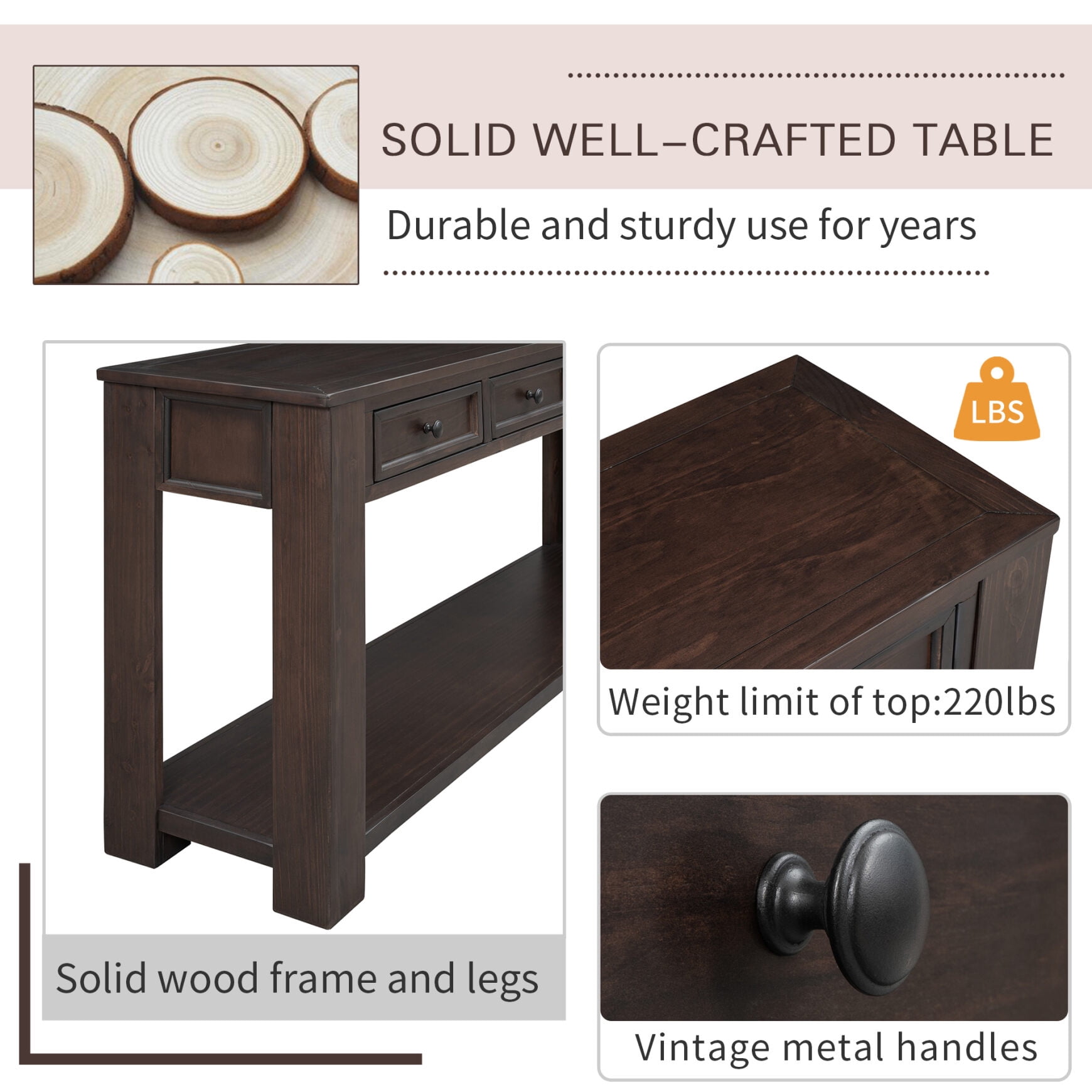 Solid Wood Console Table With 4 Drawers And 1 Bottom Shelf For Entryway, Hallway, Easy Assembly, 63 Inch Long Sofa Table ,Espresso
