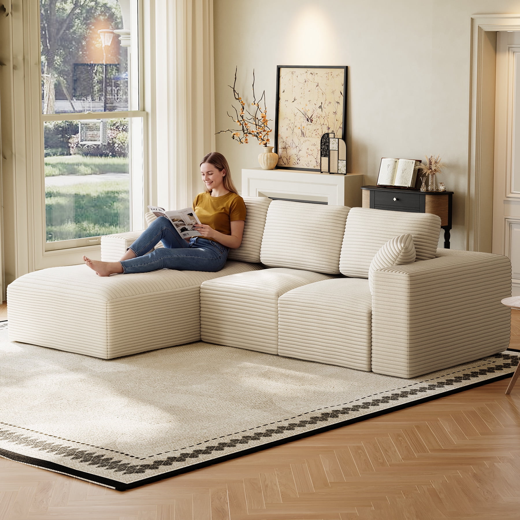 Wiilayok 109" Cloud Sectional Couch with L-Shape Chaise,Modern Modular Sofa with Deep Seat, Comfy Boneless Upholstered Couches for Living Room Bedroom,Beige White