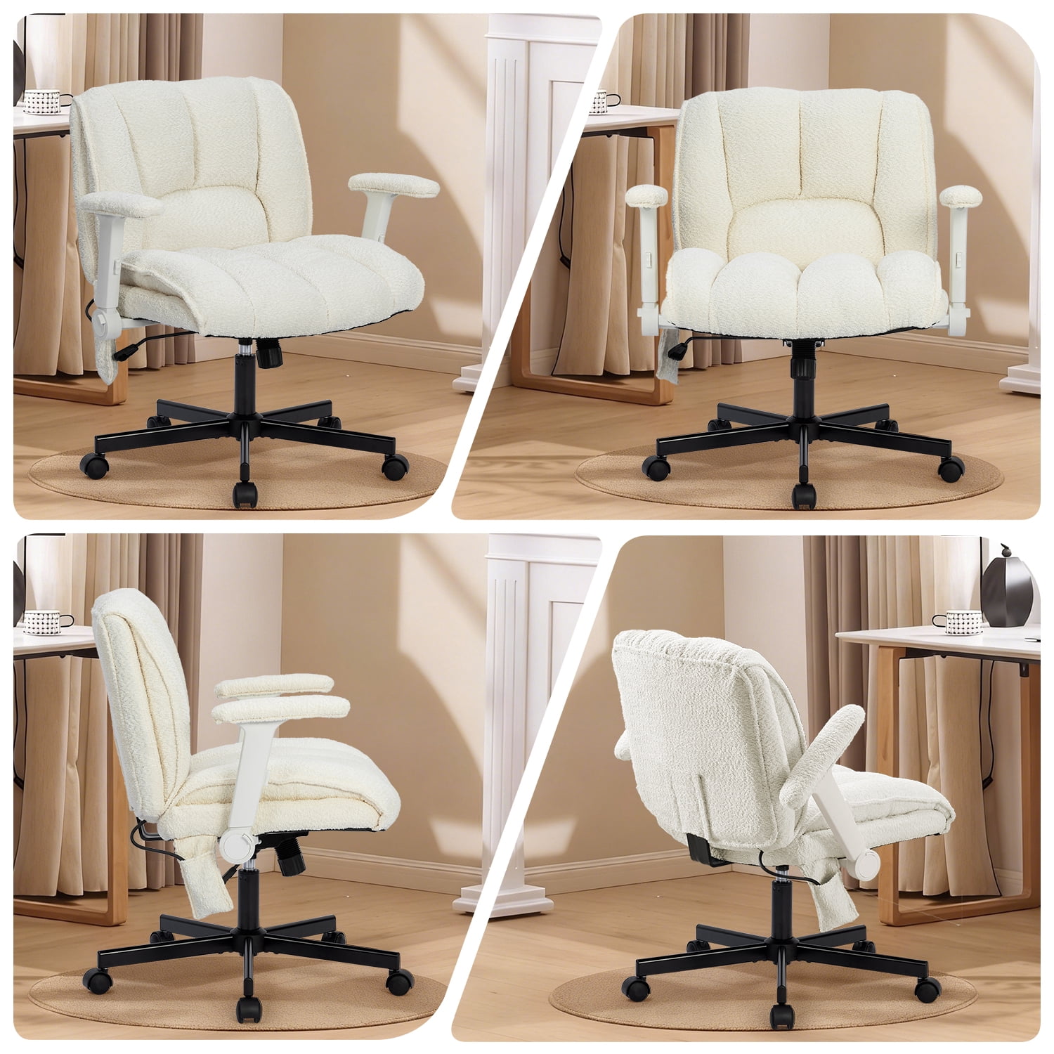 Criss Cross Chair with Dynamic Lumbar Support, Fabric Cross Legged Office Chair with Flip Arms and Wheels, Wide Swivel Vanity Chair for Home Office, Study, Makeup Room