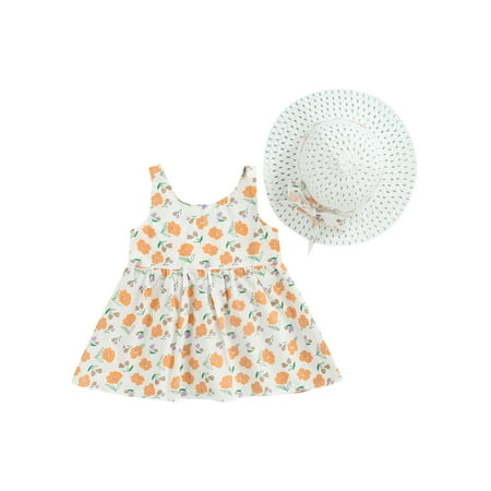 

TheFound Infant Baby Girl Dresses Sleeveless Flower Print Sling Princess Skirt with Sun Hat 2Pcs Casual Summer Outfits