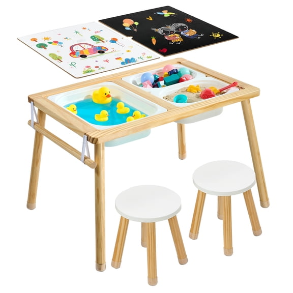 VEVOR Sensory Table for Toddlers, Wooden Kids Activity Table with 2 Stools, Double-Sided Board, Storage Bins, and Non-Slip Feet, for Boys and Girls Playing Sand and Water, Drawing, Studying, Dining