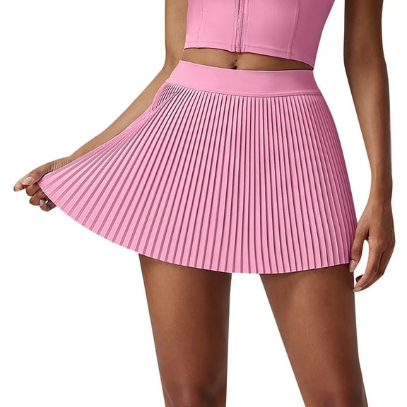 MIXUE Womens Skirts Solid Color Pleated Tennis Pockets Shorts High Waist Mini Lightweight Flowy Sports Skirt Holiday Wear,Pink,L
