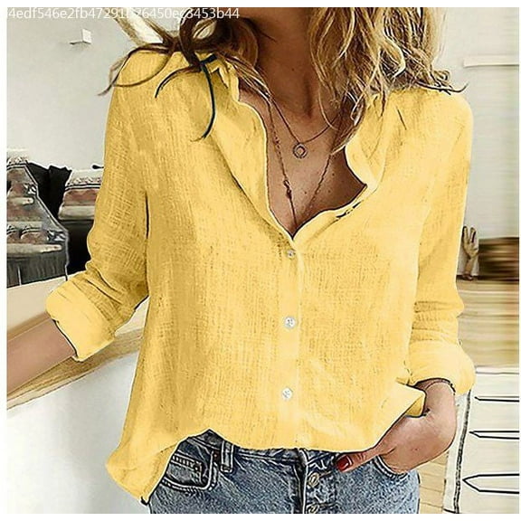 Abcnature Womens Button Down V Neck Shirts Long Sleeve Blouse Roll Up Cuffed Sleeve Casual Work Plain Tops with Linen Cotton Yellow S
