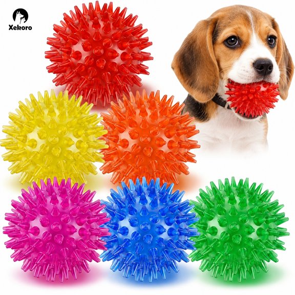 Xekoro Squeaky Dog Toy Balls (6 Colors) Puppy Chew Toys for Teething, Spikey Dog Balls for Medium, Large & Small Dogs, Durable Toys for Aggressive Chewers