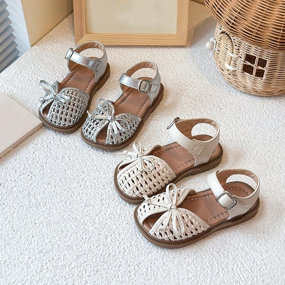 Asxite Toddler Sandals Summer Girl Hollow Woven Closed Toe Bow Sand Style for Girls Shoes 4-12 Y