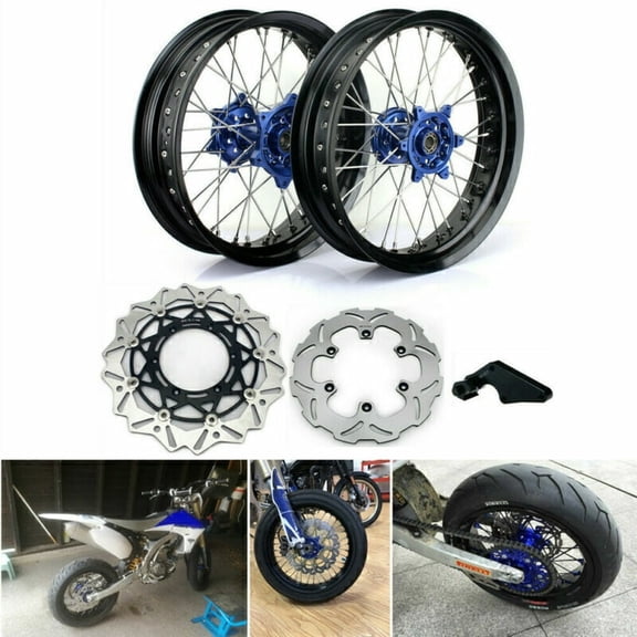 17" x 3.5 / 4.25 Supermoto Front Rear Wheels Discs Rotors Adapter For Yamaha YZ250F YZ450F YZF 250 450 2009-2013 2010 2011 2012 Black Rim Blue Hub