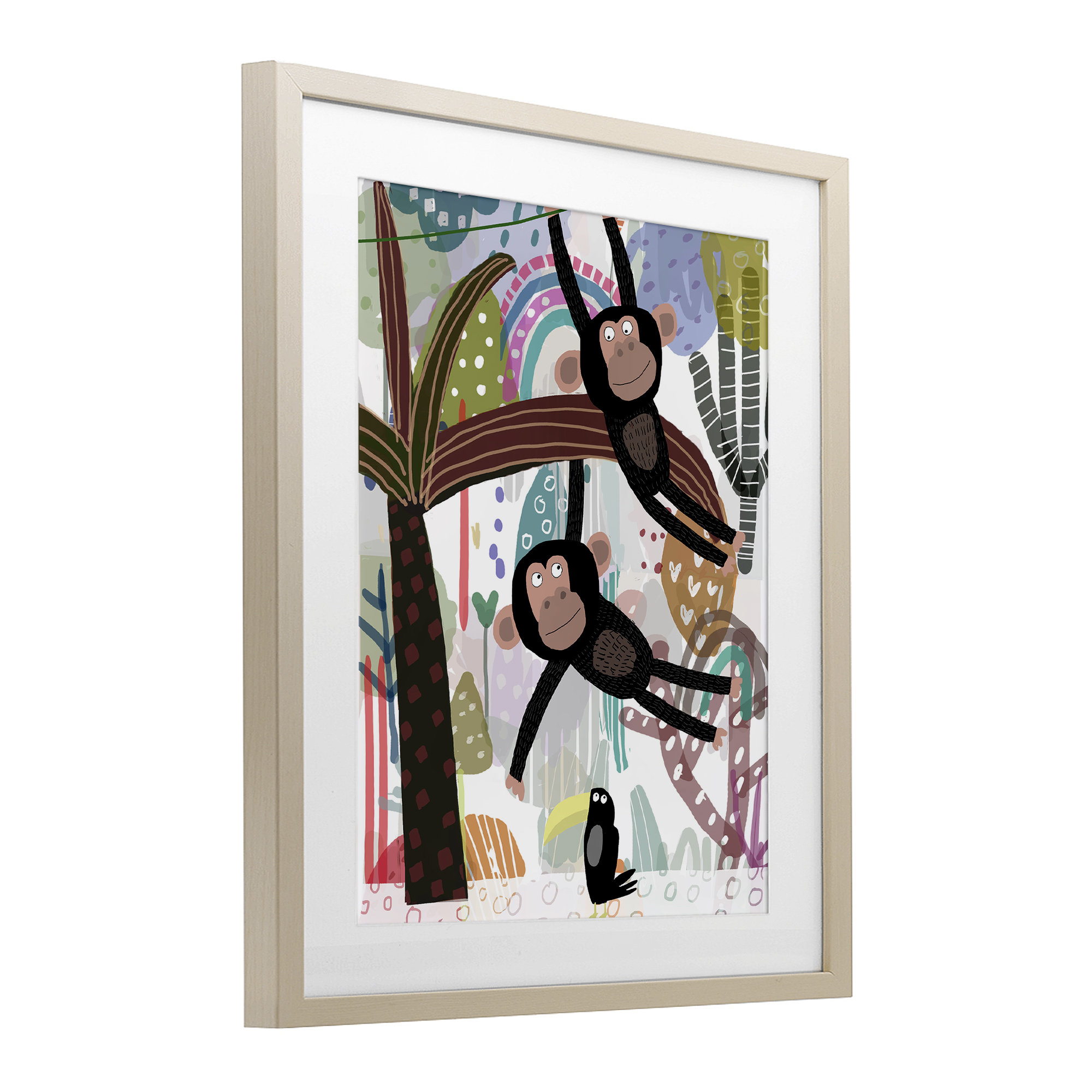 Exotic Monkey & Toucan Birch Framed Print Under Glass, design by Carla Daly