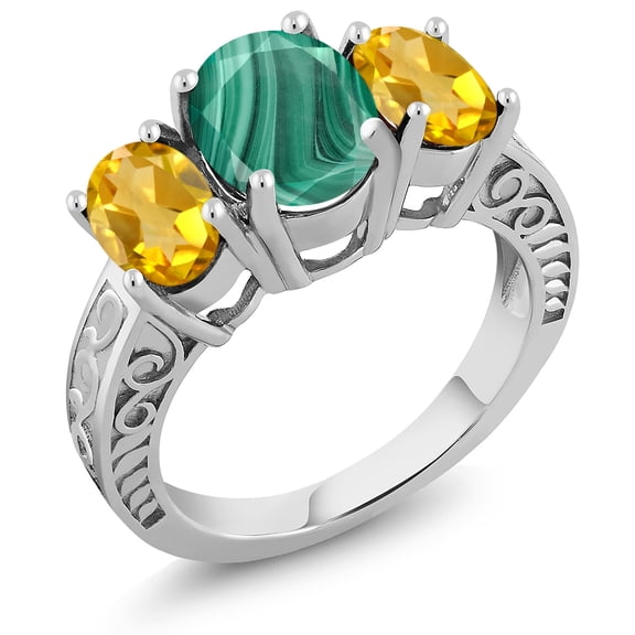 Gem Stone King 4.00 Ct Oval Green Malachite Yellow Citrine 925 Sterling Silver Ring (Size 5)
