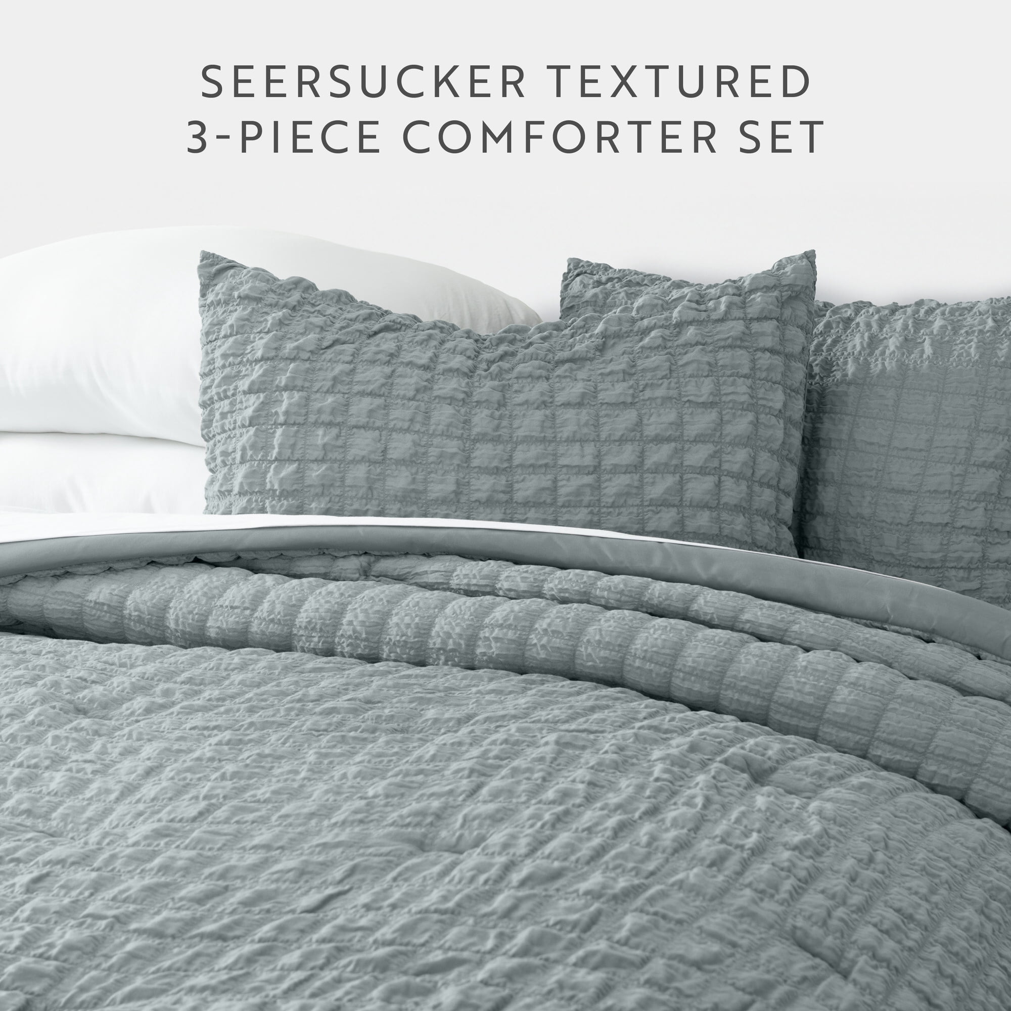 Noble Linens 3 Piece Seersucker Textured All Season Down-Alternative Comforter Set, Light Blue, Full/Queen