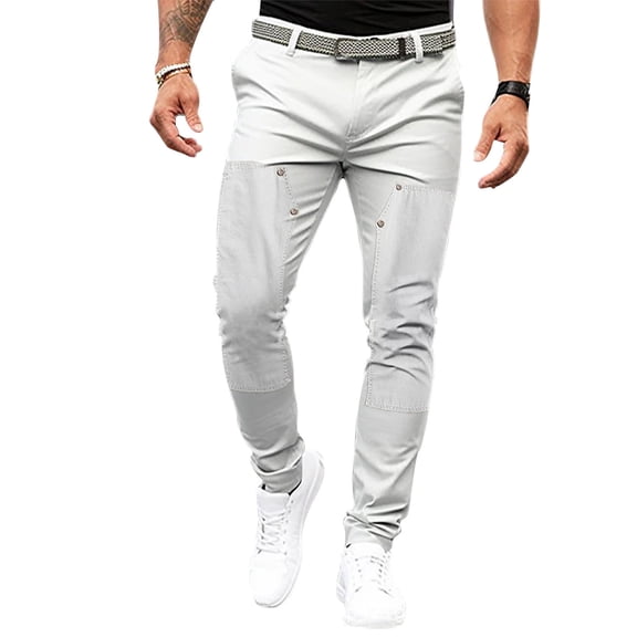 WREESH Men's Sweatpants Solid Color Tight Pocket Sewing Button Design Business Casual Slim Trousers Full Length Pants Gray