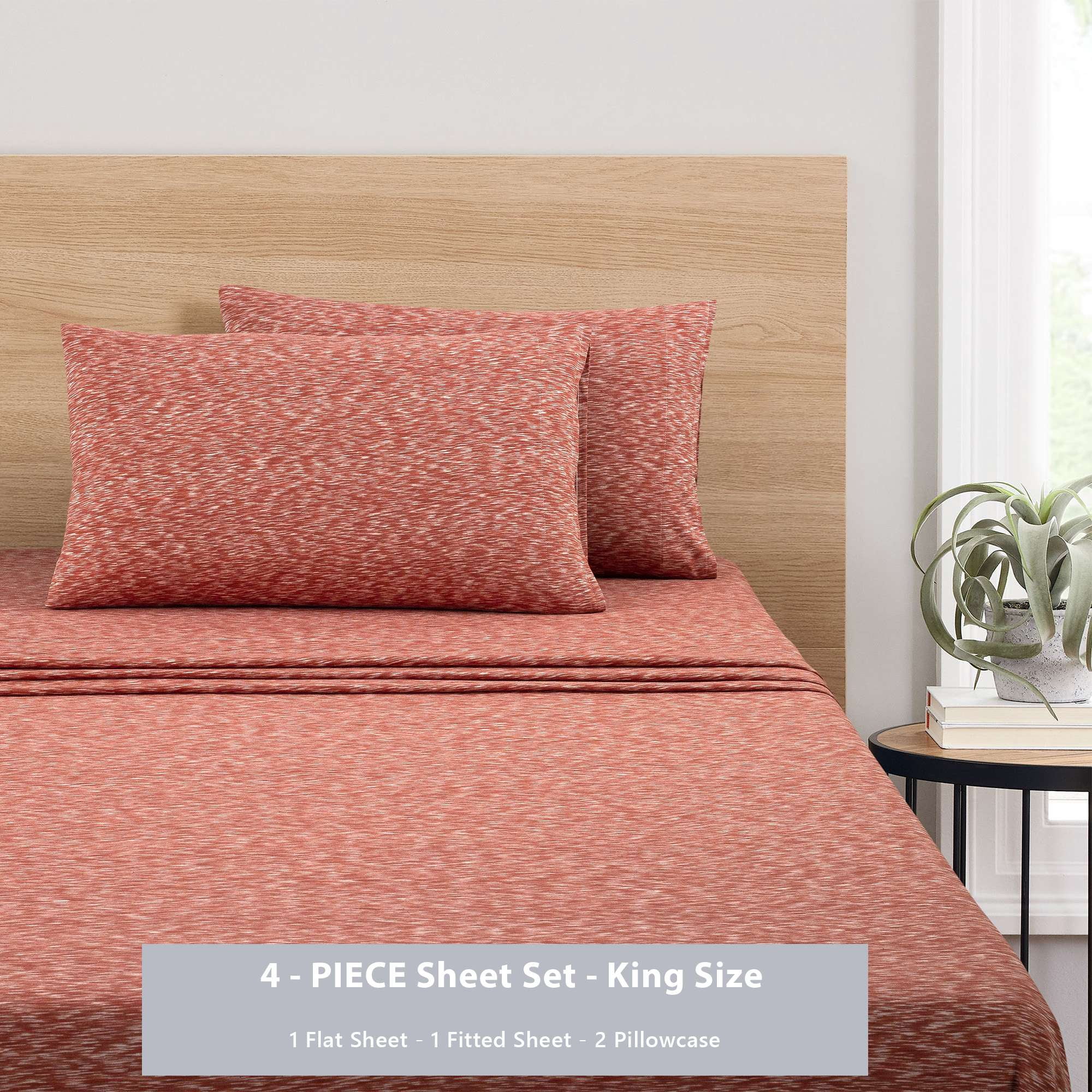 Mainstays 100% Cotton Extra Soft Jersey Bed Sheet Set, King, Red Canyon Crackle, 4 Pieces