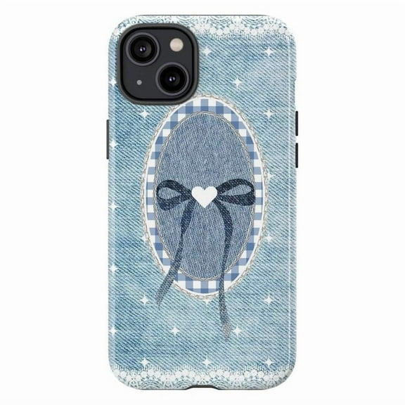Cute Denim Bow Phone Case, Blue Gingham & Lace Cottagecore Design with Heart Accent, Soft Aesthetic Cover Compatible with iPhone 16 15 14 13 12 11 Plus Pro Max Mini
