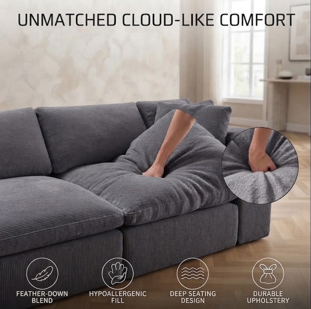 Oversized U-Shaped Sectional Sofa with Ottoman, 7-Seater Modular Chenille Cloud Couch, Deep Seat Frameless Sofa for Living Room, Apartment, Office