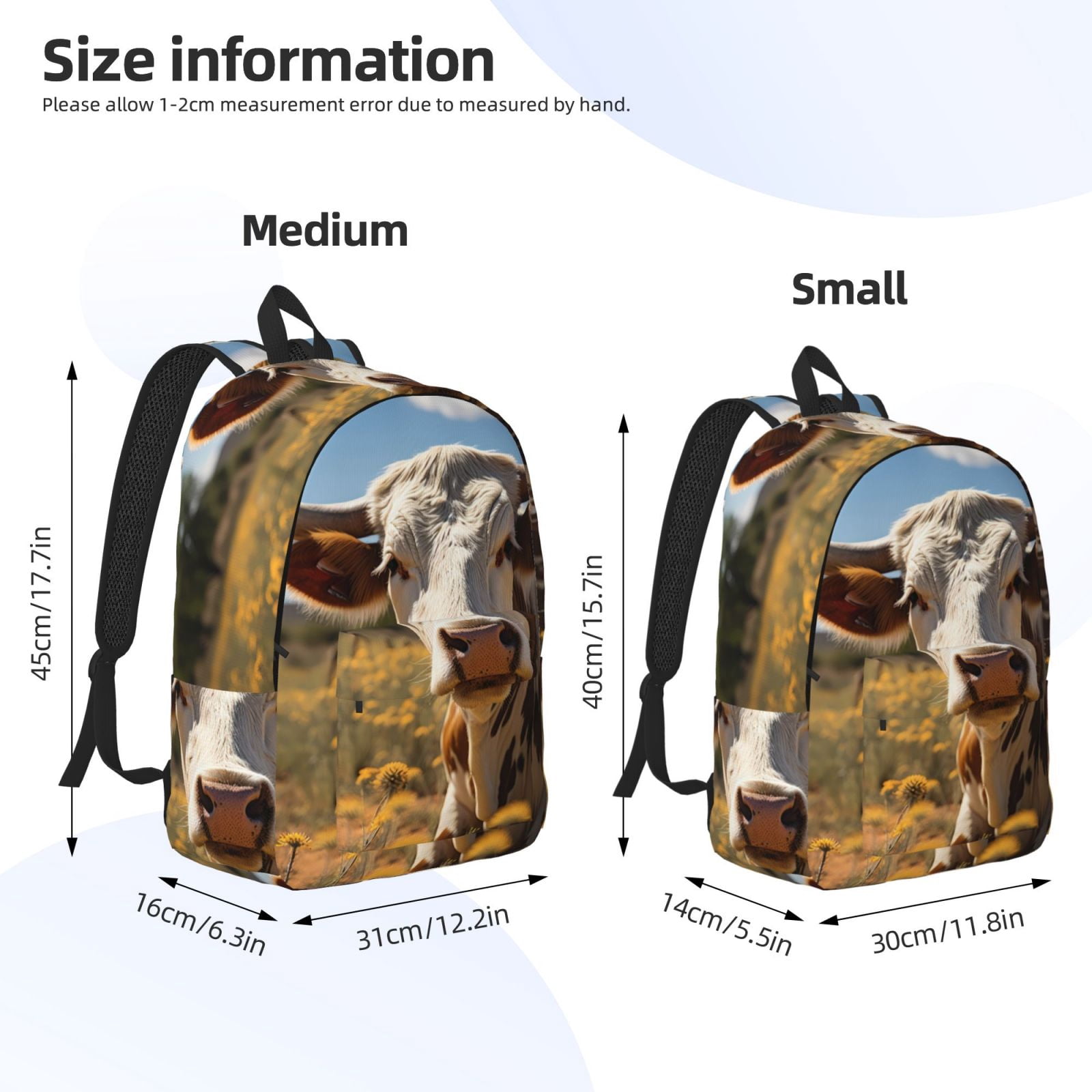 Vsdgher Countryside Flower Cow Print Canvas Backpack Travel Rucksack Unisex Knapsack 15.7/17.7Inch Laptop Backpack for Work,College -Small