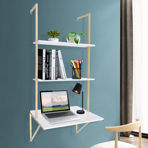 3‑Tier Wall‑Mounted Ladder Desk, Floating Wall Desk with Storage Shelves, 44.09 Lbs Load‑Capacity Space‑Saving Work Table for Small Home Office Bedroom
