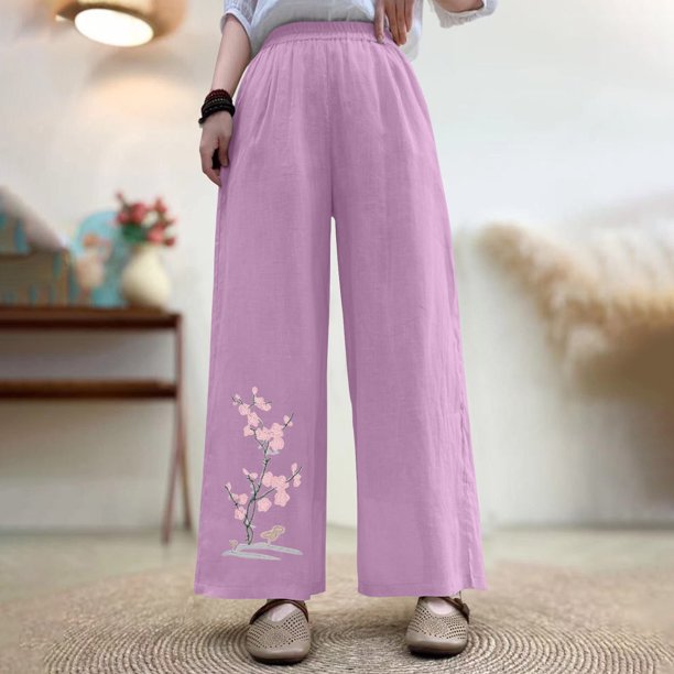 mfyjkho Pantalones Cortos Para Correr, Pantalones Casuales De Lino Bordados De Gran Tamaño Para Mujer, Pantalones Holgados De Pierna Ancha Pantalones Cortos Para Mujer M