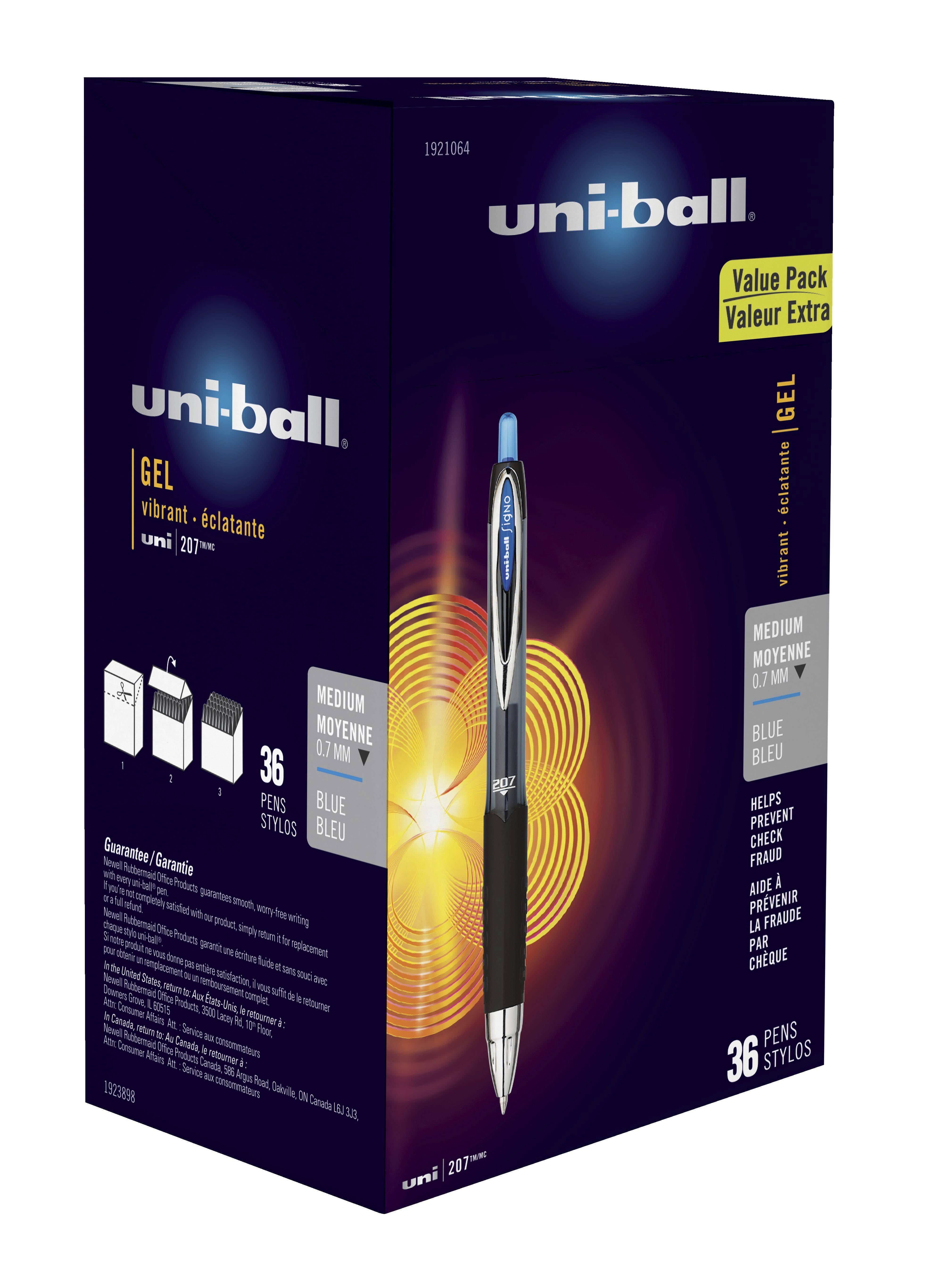 uniball 207 Retractable Gel Pens, Medium Point, Blue, Box of 36