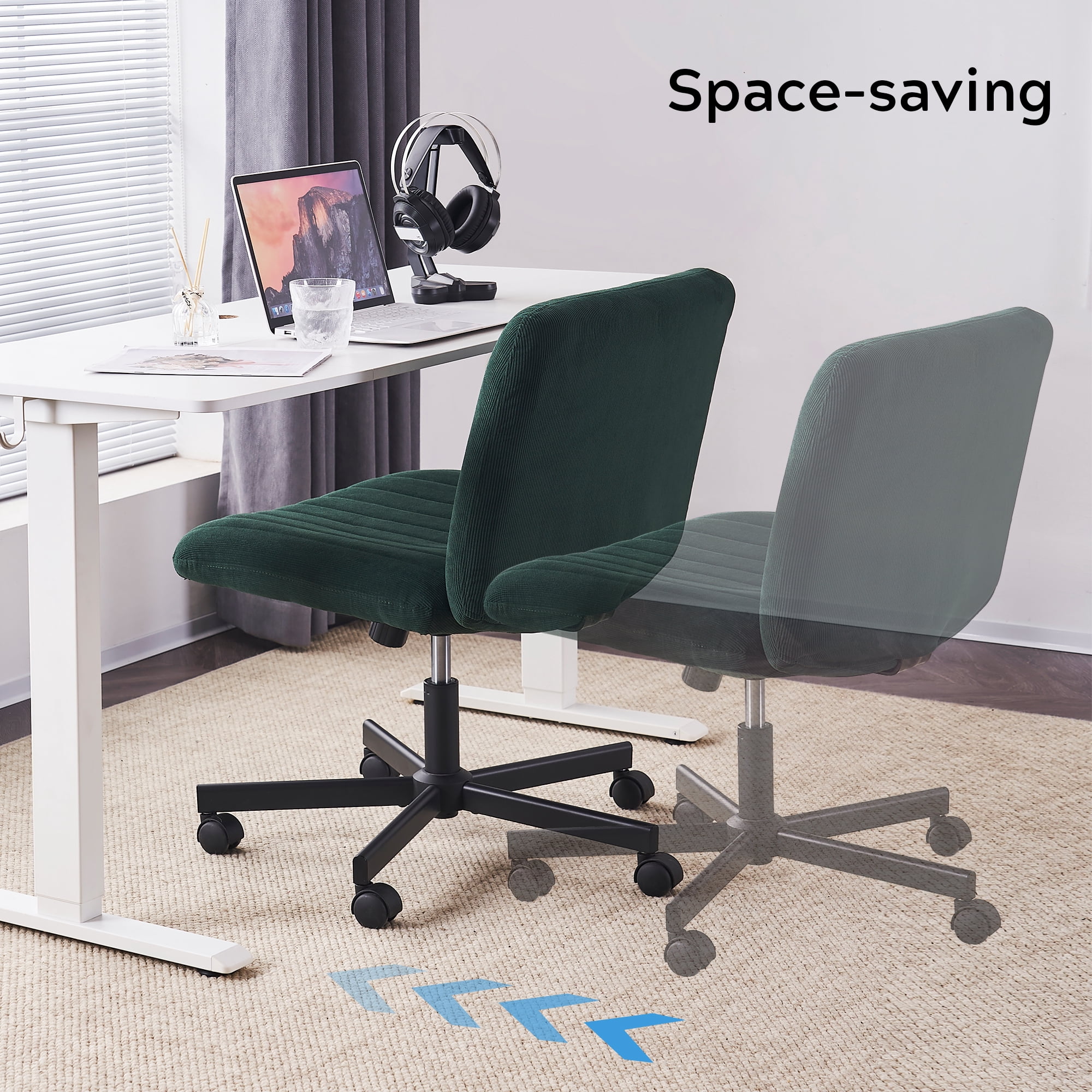 EYYTHUNG Wide Seat Crossleg Chair with Wheels, Velvet Home Office Computer Desk Chair, Swivel Side Vanity Chair Green for Girl, Dark Green