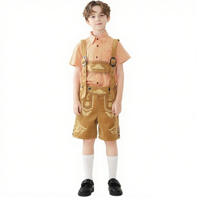 Childrens Performance Costume Short Sleeved Checkered Top Suspender Shorts Traditional Role-Playing Ethnic Costume Set