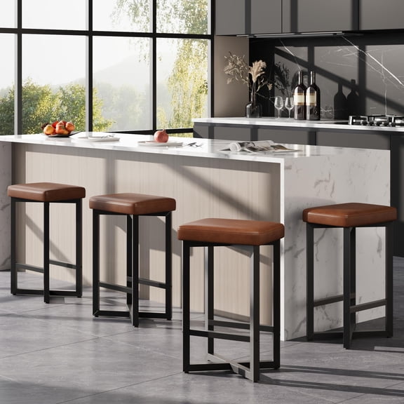 Modern Backless Bar Stools Set of 2/4, 24.6" Counter Height, PU Leather Upholstered, Metal X-Frame & Footrest, Kitchen Island & Home Bar Stools, Dining Room Furniture, 2/4 PC, No Table