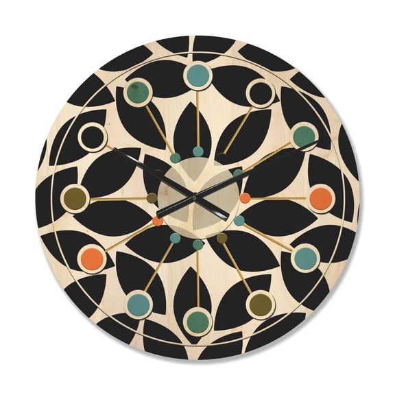 Designart 'Black and White Geometric Pattern XII' Mid-Century Modern Wood Wall Clock