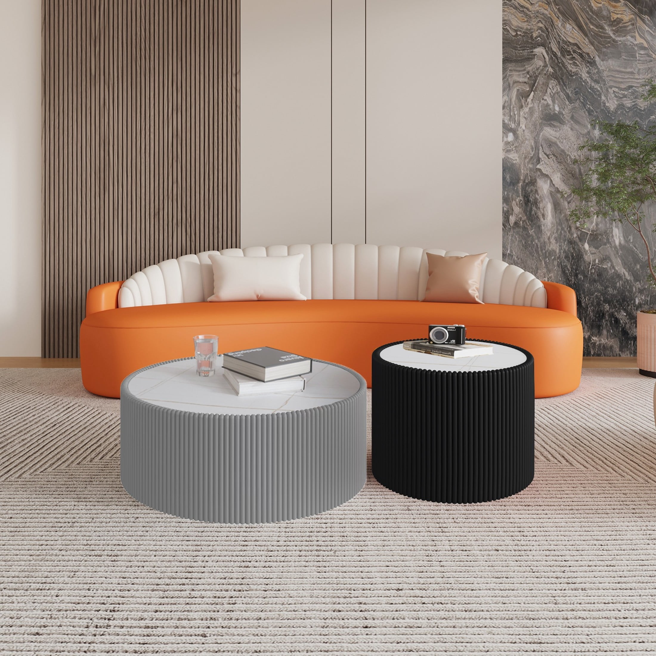 Noble House Halvion 17" Cylinder Sintered Stone Coffee Table with Leather Wrapped Frame, Modern Sofa Table, Black