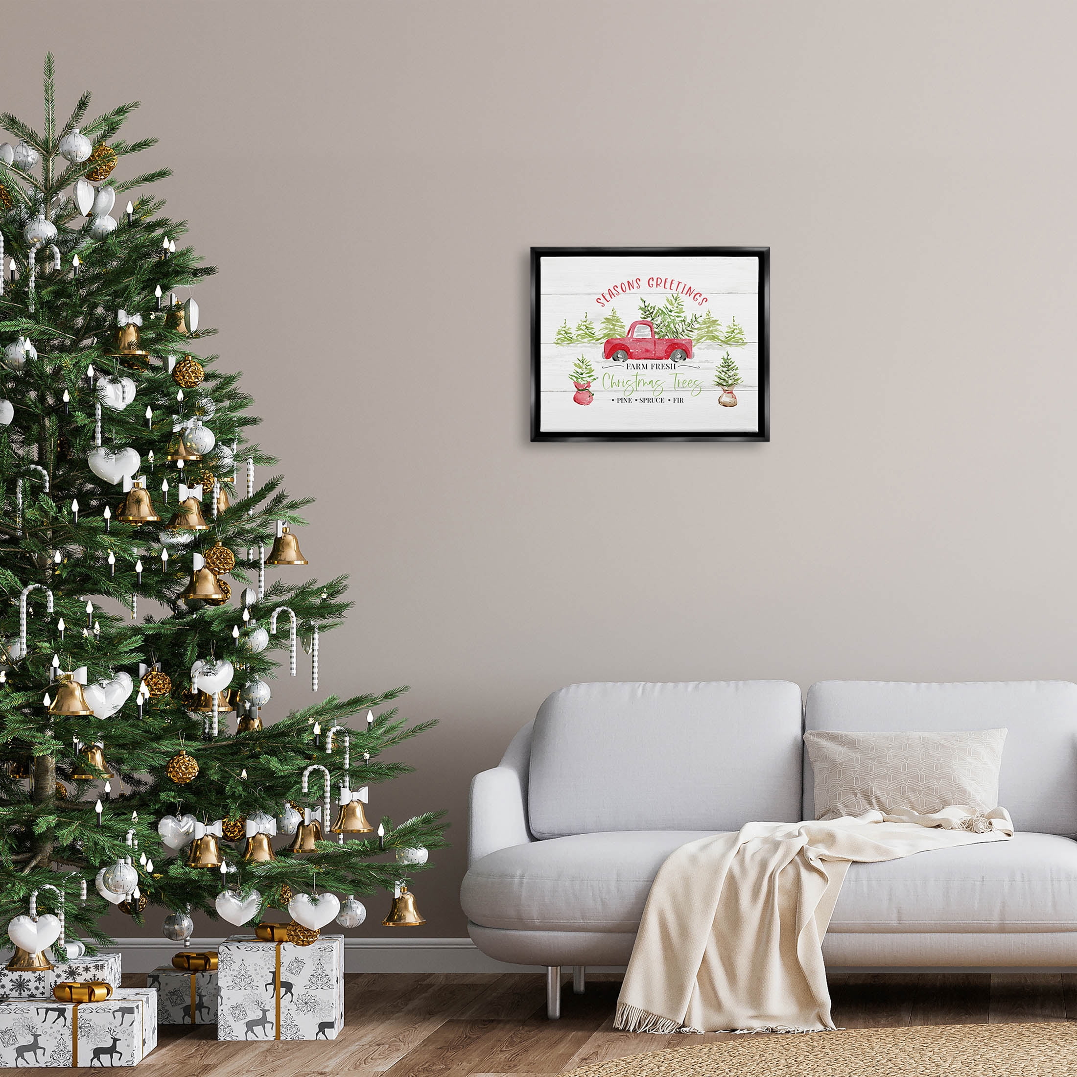 Farm Fresh Christmas Trees Seasonal Holiday Graphic Art Jet Black Framed Art Print Wall Art