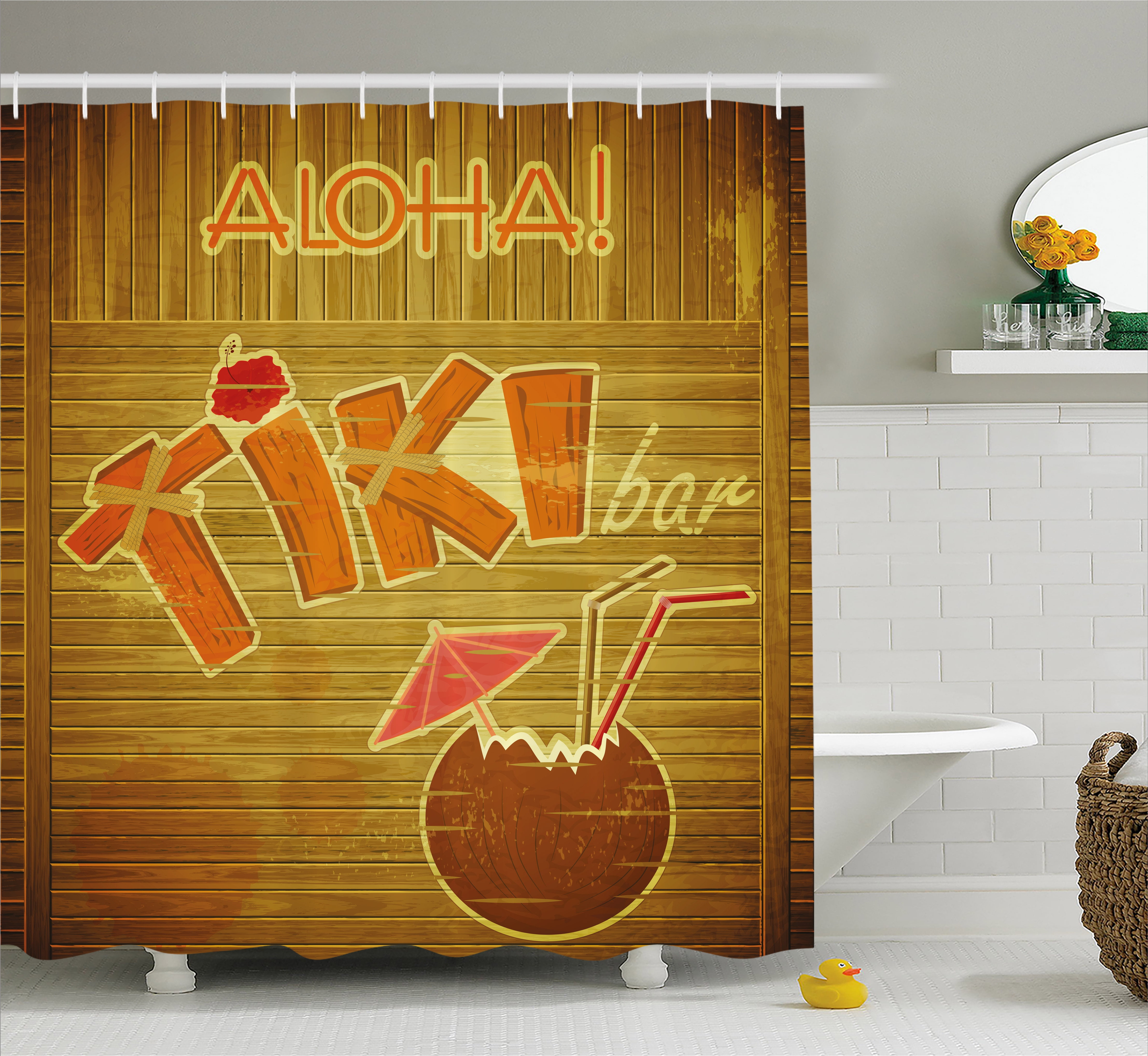 Tiki Bar Shower Curtain, Wooden Planks on Wall with Styled Tiki Bar