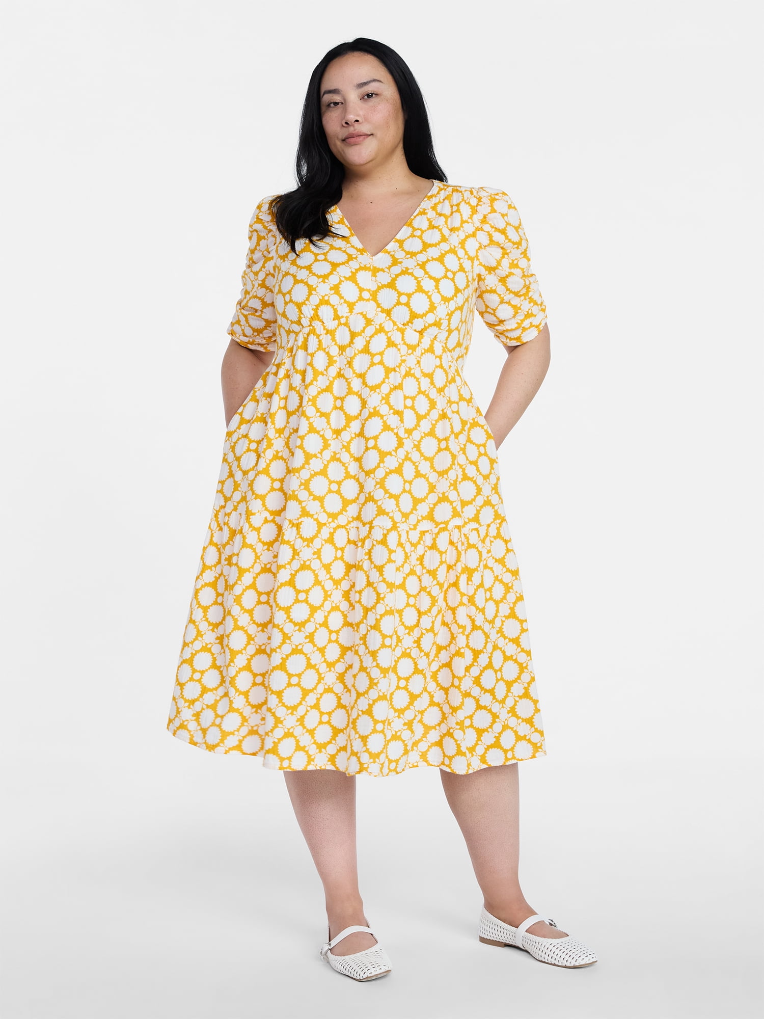 Time and Tru Women's Cotton Tiered Midi Dress with Elbow Length Sleeves, Sizes XS-XXXL