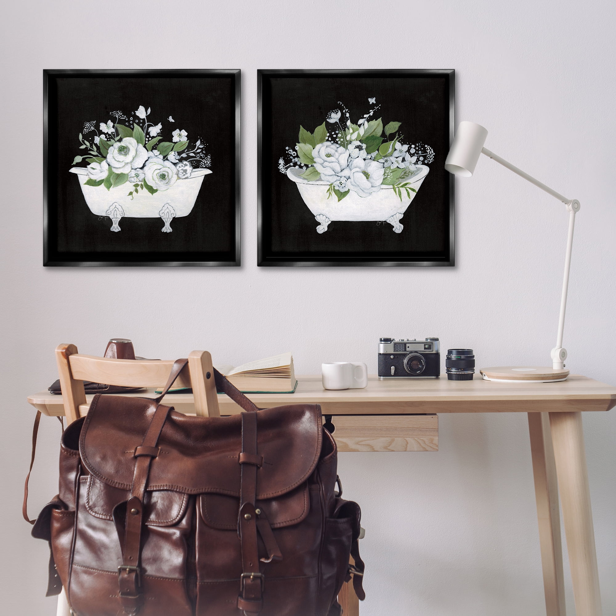 Stupell Industries Inviting Magnolia Clawfoot Tub Bath & Laundry Painting Black Floater Framed Canvas Art Print Wall Art, 25 x 25, Set of 2