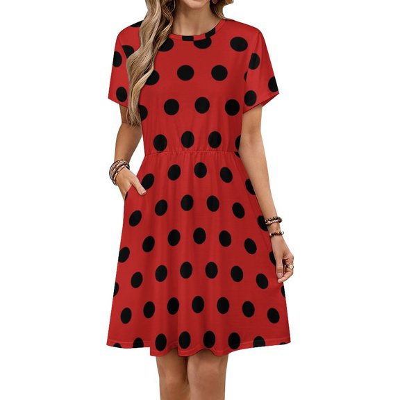 Black Polka Dots on Red Background Sundress Short Sleeve Dress Summer Women Clothes Dress for Women Dresses