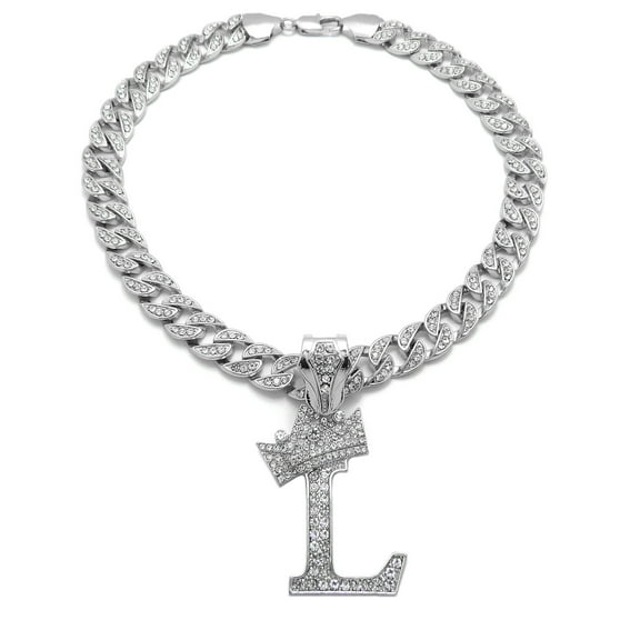 iJewelry2 Kings and Queens Crowned Initial Letter L Crystals Pendant Silver-tone Cuban Linked Chain Necklace