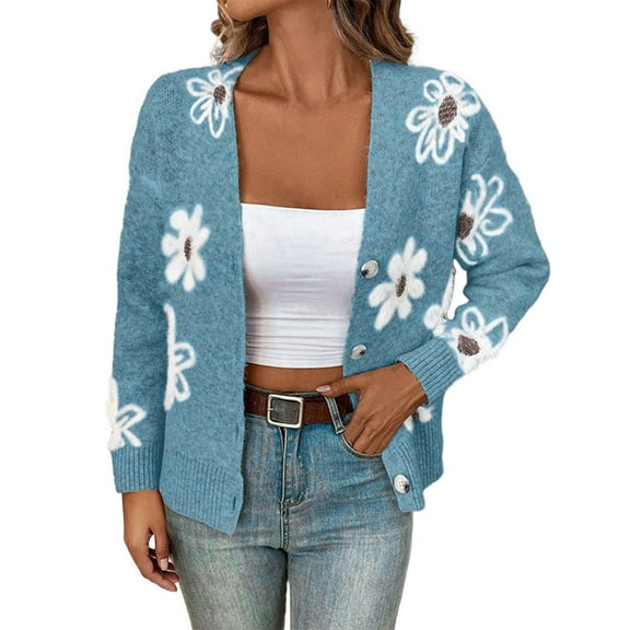 ZQUUVOU Women's Floral Pattern Knit Cardigan Loose Button Front Sweater Coat Soft Warm Long Sleeve Knit Cardigan Jacket Sky Blue