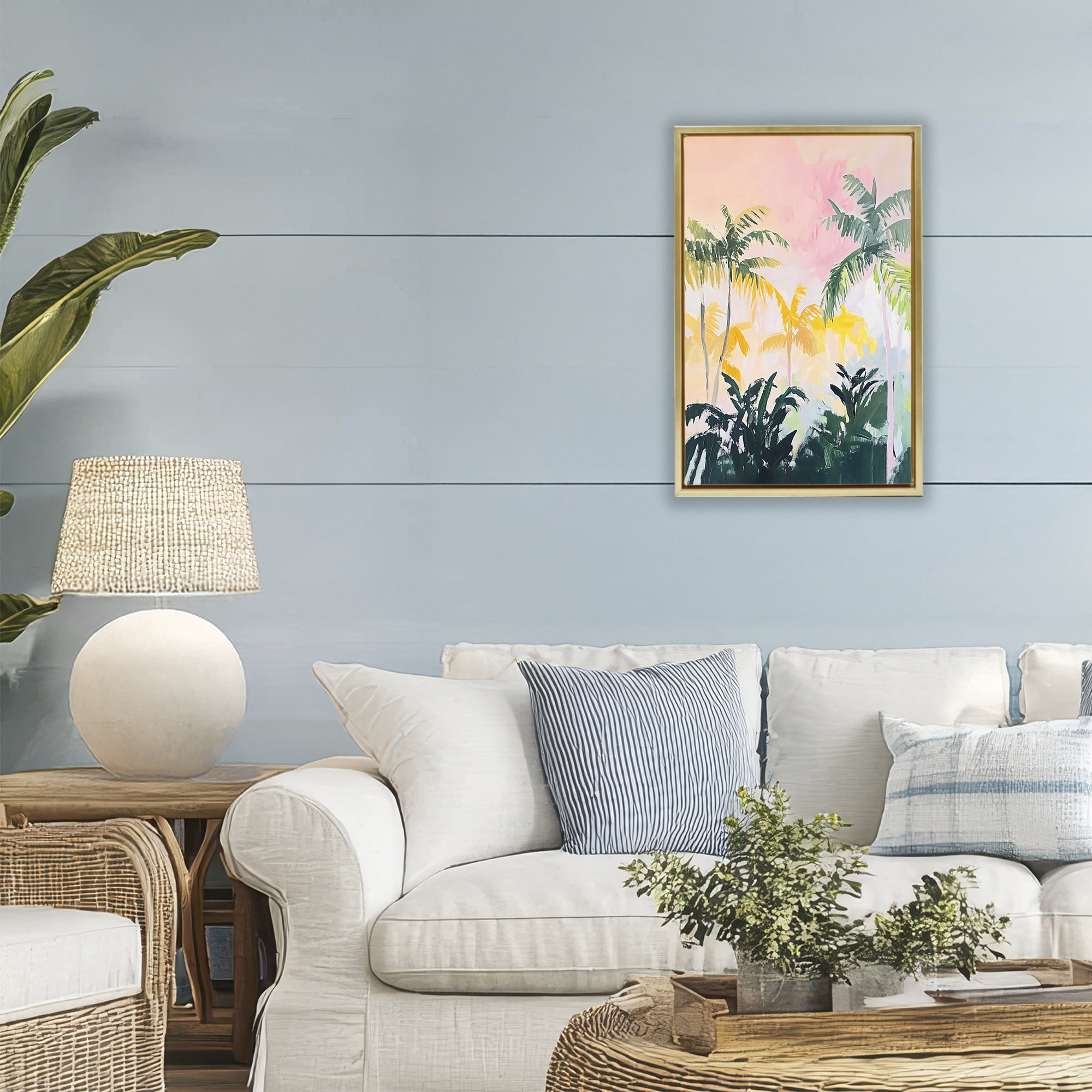 Stupell Industries Pastel Palms in Morning Glow Gold Framed Floater Canvas Wall Art, design by The Prints Vibe