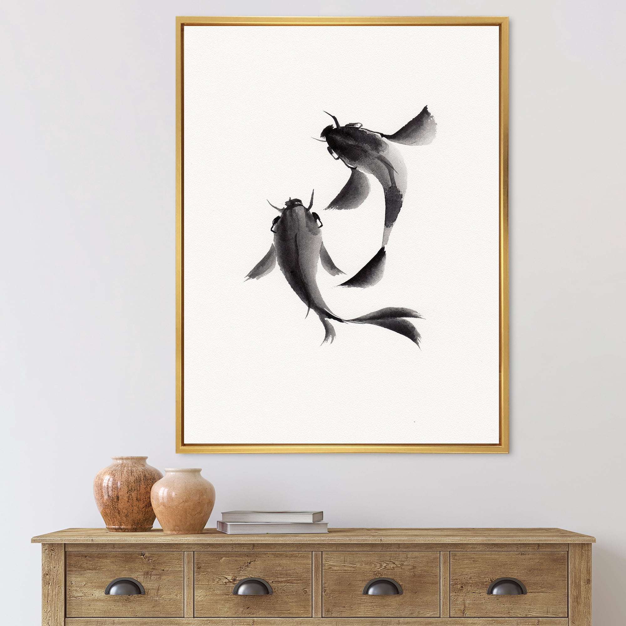 Designart 'Black and White Vintage Fish II' Nautical & Coastal Framed Canvas Wall Art Print